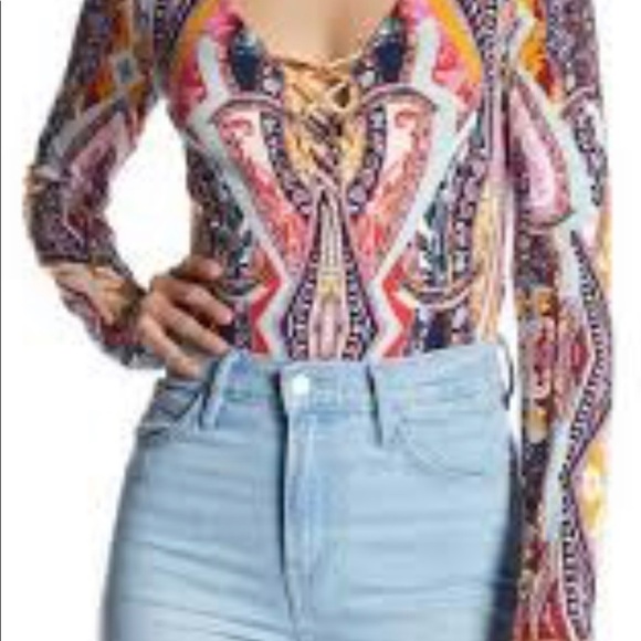Free People Pick a Place Multicolored Bodysuit Faux Lace Up Front Snap Crotch M - Picture 2 of 14